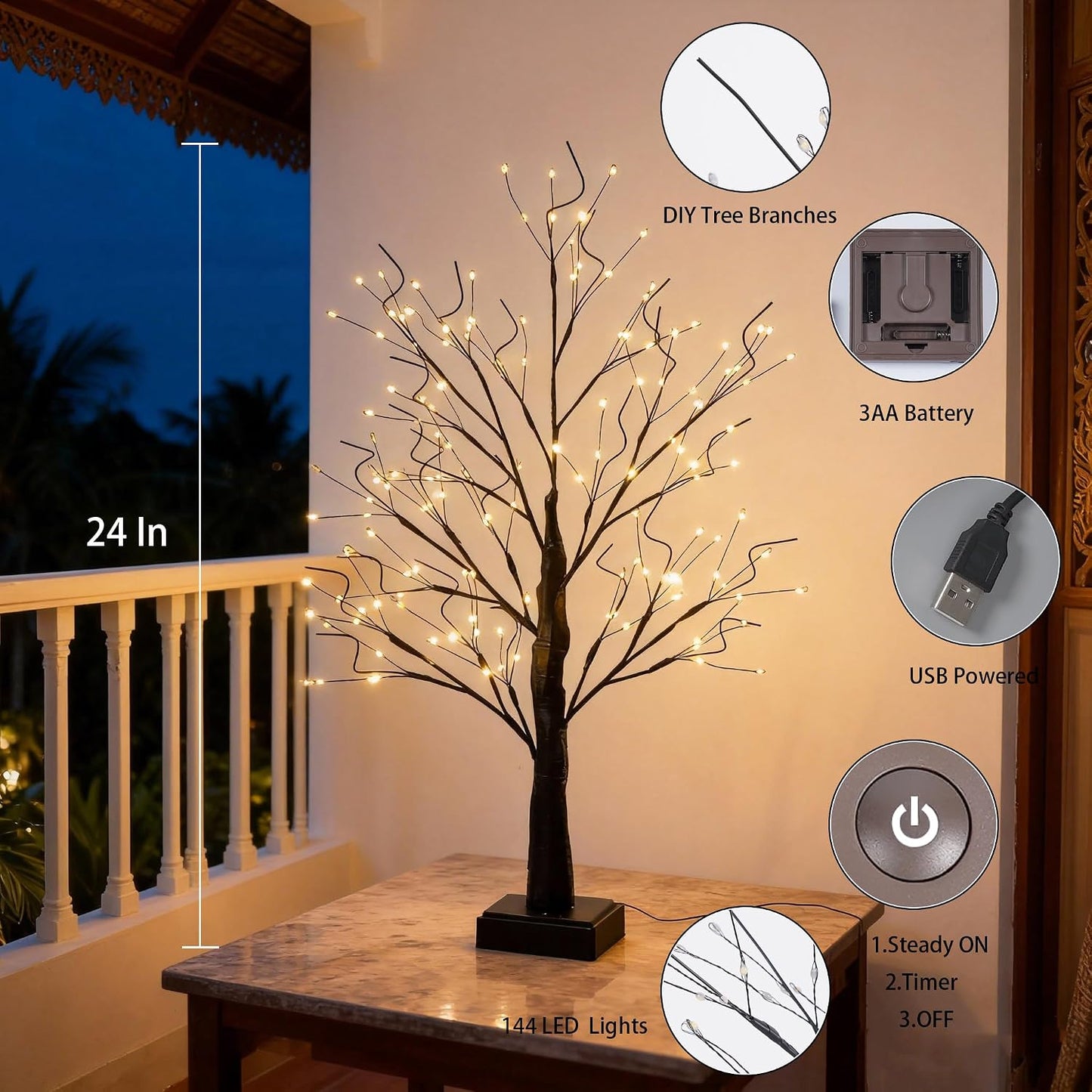 144 LED Artificial Lamp with Timer, DIY Birch Tree with Lights, USB/Battery Powered, Fairy Light Spirit Tree for Table Home Wedding Bedroom Christmas (Warm White)