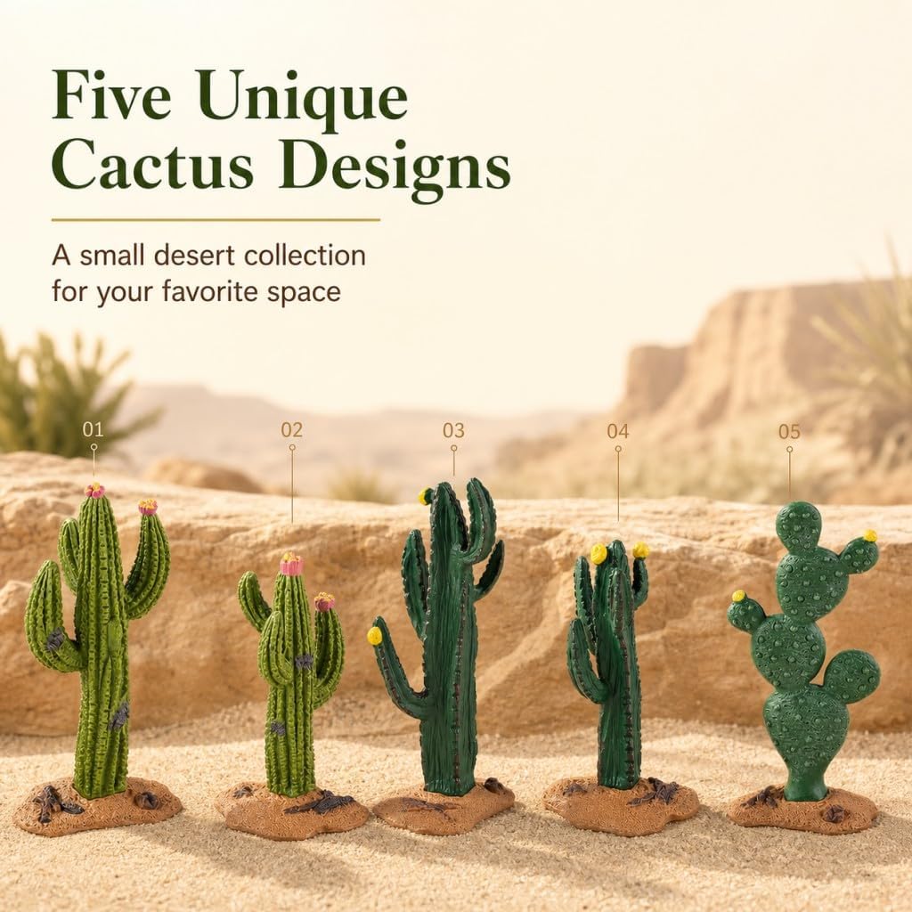 Desert Animal Figurines Set with Model Cactus | Artificial Greenery Plant Fake Cacti - Desert Diorama Project - Great for Sand Table Landscape Scene Accessories Decoration