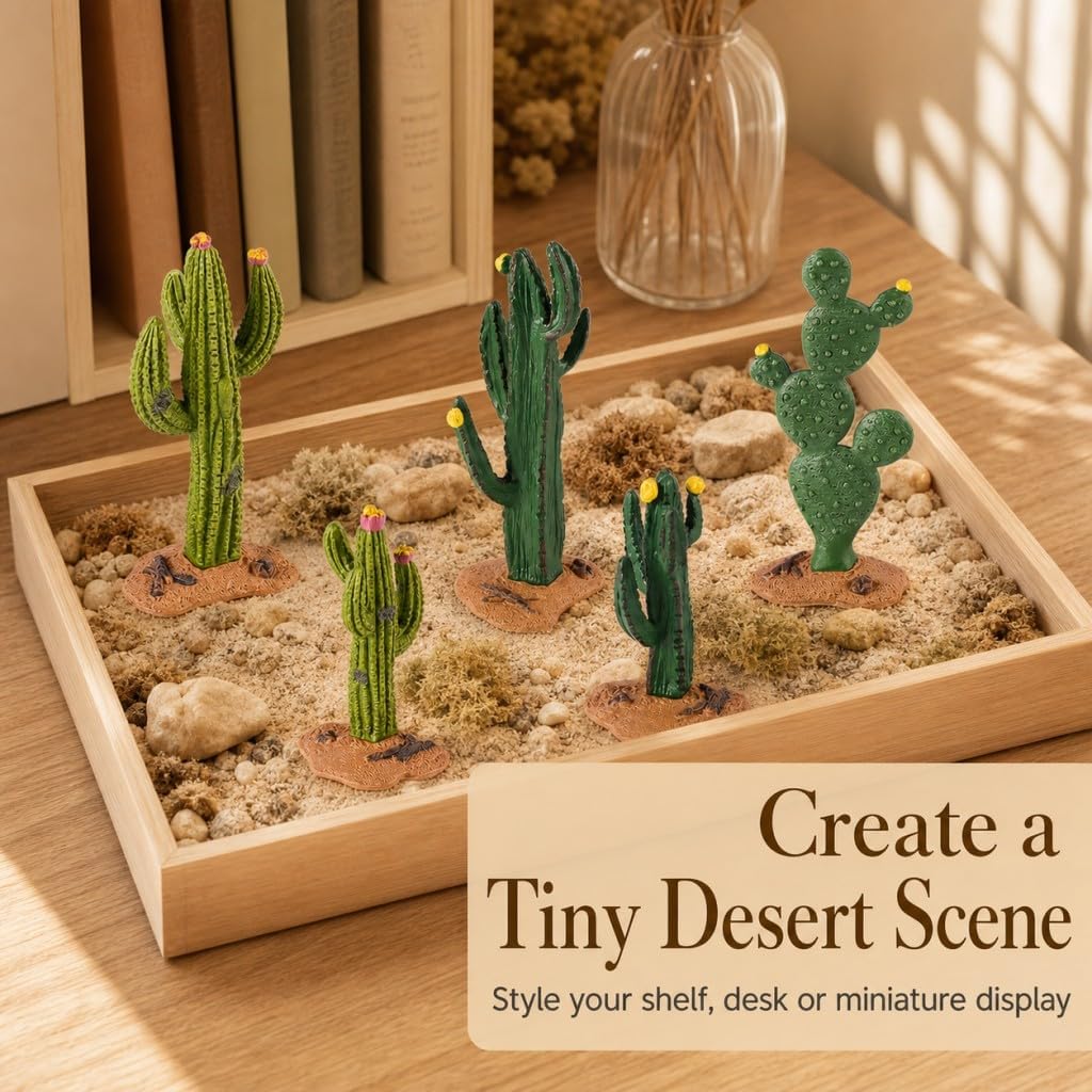 Desert Animal Figurines Set with Model Cactus | Artificial Greenery Plant Fake Cacti - Desert Diorama Project - Great for Sand Table Landscape Scene Accessories Decoration
