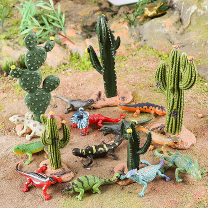 Desert Animal Figurines Set with Model Cactus | Artificial Greenery Plant Fake Cacti - Desert Diorama Project - Great for Sand Table Landscape Scene Accessories Decoration