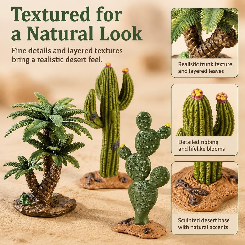 Desert Animal Figurines Set with Model Cactus | Artificial Greenery Plant Fake Cacti - Desert Diorama Project - Great for Sand Table Landscape Scene Accessories Decoration