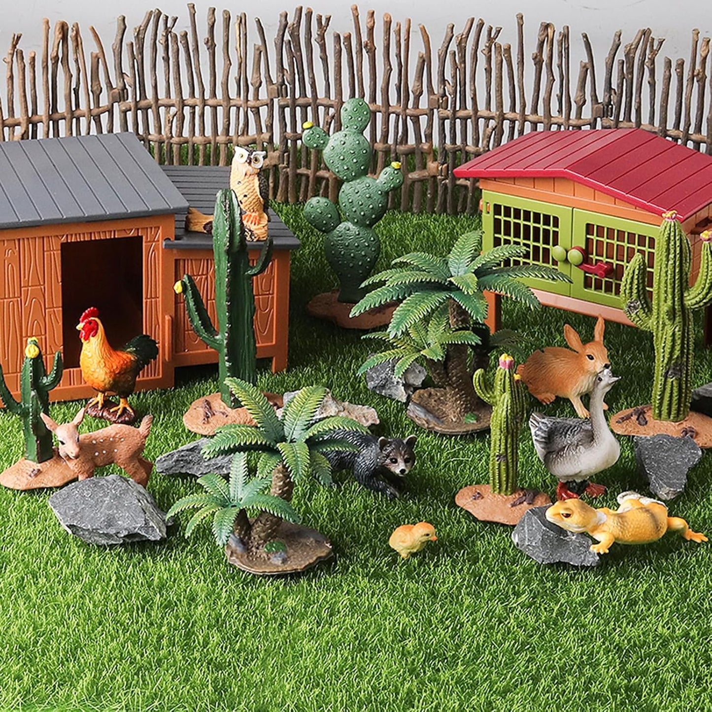 Desert Animal Figurines Set with Model Cactus | Artificial Greenery Plant Fake Cacti - Desert Diorama Project - Great for Sand Table Landscape Scene Accessories Decoration