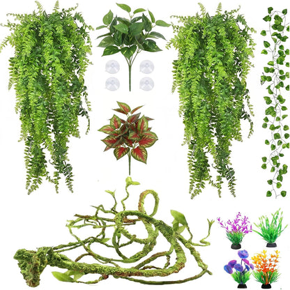 Reptile Plants Terrarium Decor, Hanging Reptile Vines, Flexible Bendable Jungle Climbing Leaves for Bearded Dragon, Leopard Gecko, Chameleon, Snake, Lizard Tank Habitat Decoration (Group A)