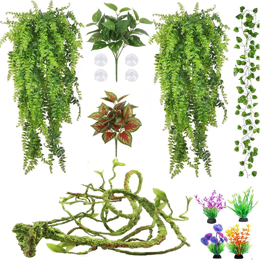 Reptile Plants Terrarium Decor, Hanging Reptile Vines, Flexible Bendable Jungle Climbing Leaves for Bearded Dragon, Leopard Gecko, Chameleon, Snake, Lizard Tank Habitat Decoration (Group A)