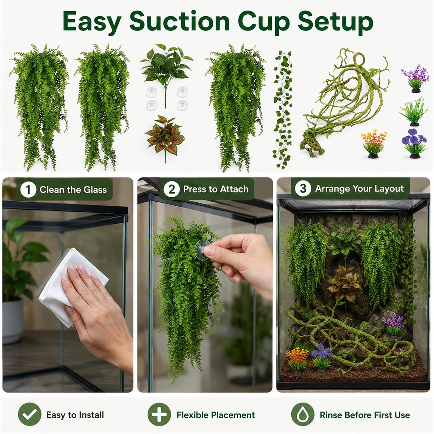 Reptile Plants Terrarium Decor, Hanging Reptile Vines, Flexible Bendable Jungle Climbing Leaves for Bearded Dragon, Leopard Gecko, Chameleon, Snake, Lizard Tank Habitat Decoration (Group A)