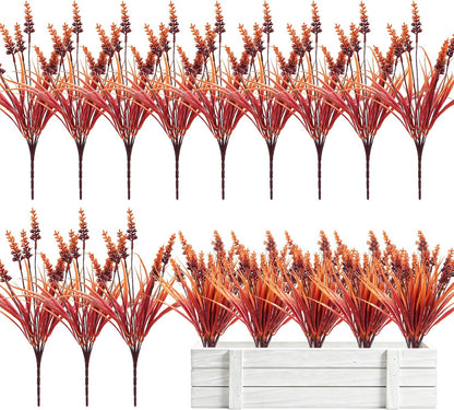 12Pcs Fake Fall Flower Outside Orange Artificial Plant UV Resistant | 14.6",Faux Monkey Grass,Artificial Greenery Stems,Faux Plastic Flowers Shrubs for Weddings Garden Porch Front Patio Decor