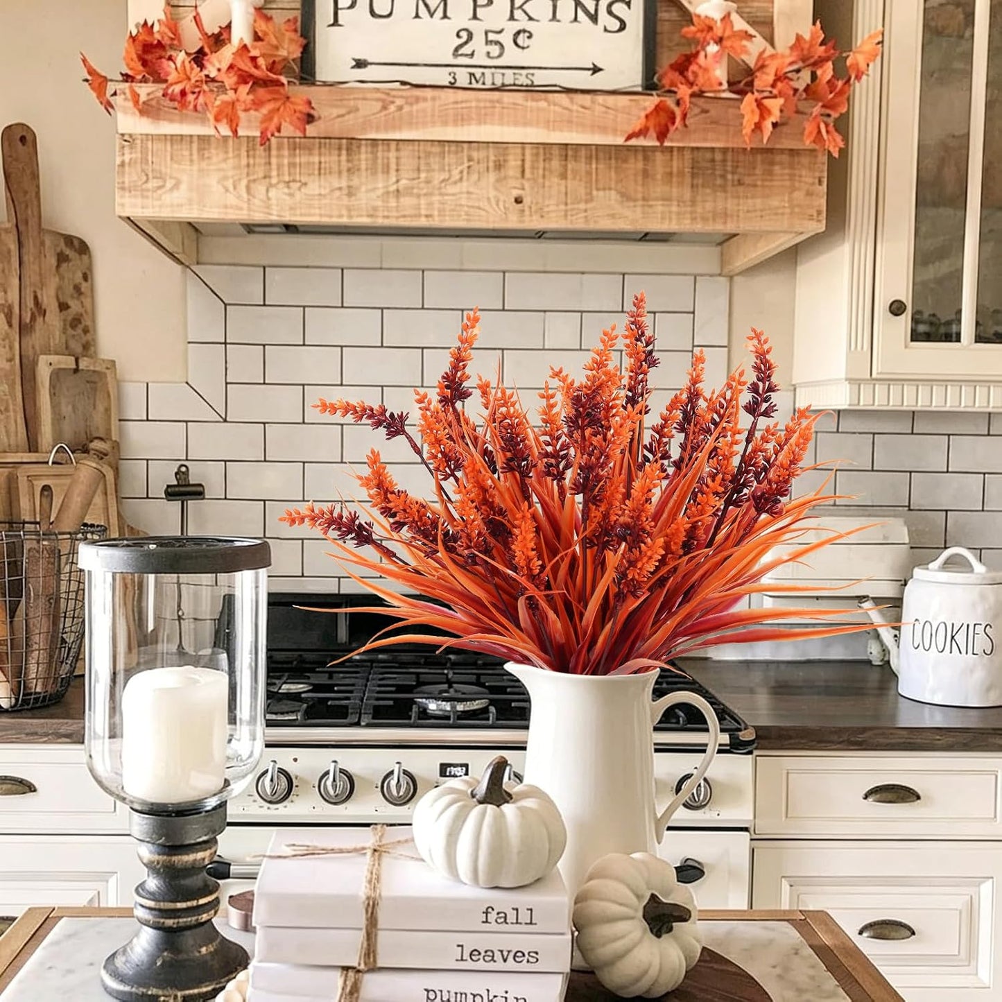 12Pcs Fake Fall Flower Outside Orange Artificial Plant UV Resistant | 14.6",Faux Monkey Grass,Artificial Greenery Stems,Faux Plastic Flowers Shrubs for Weddings Garden Porch Front Patio Decor