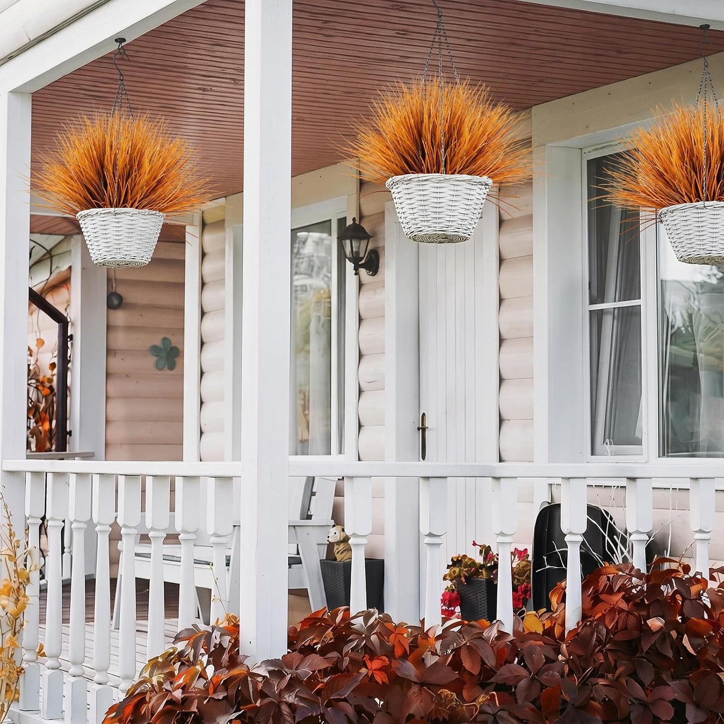 12Pcs Fake Fall Flower Outside Orange Artificial Plant UV Resistant | 14.6",Faux Monkey Grass,Artificial Greenery Stems,Faux Plastic Flowers Shrubs for Weddings Garden Porch Front Patio Decor