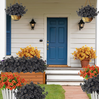12Pcs Fake Fall Flower Outside Orange Artificial Plant UV Resistant | 14.6",Faux Monkey Grass,Artificial Greenery Stems,Faux Plastic Flowers Shrubs for Weddings Garden Porch Front Patio Decor