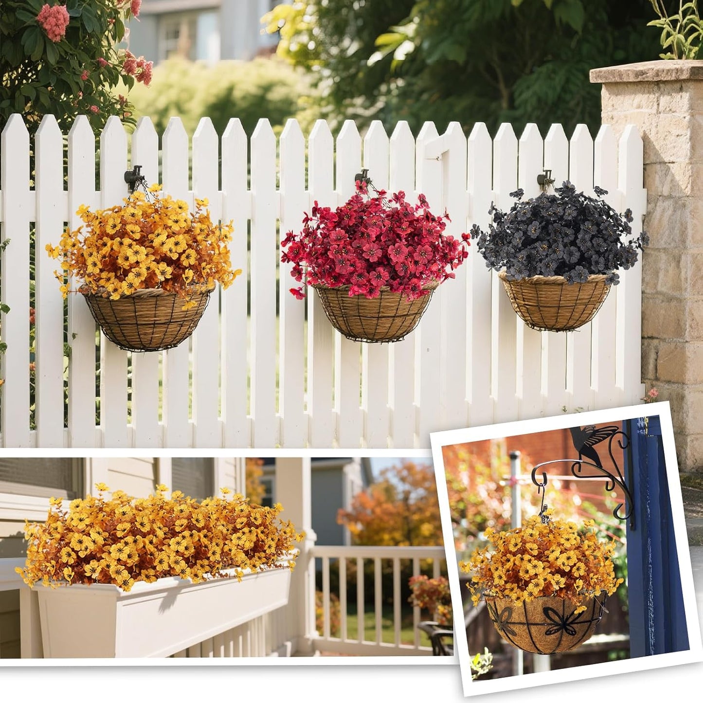 12Pcs Fake Fall Flower Outside Orange Artificial Plant UV Resistant | 14.6",Faux Monkey Grass,Artificial Greenery Stems,Faux Plastic Flowers Shrubs for Weddings Garden Porch Front Patio Decor