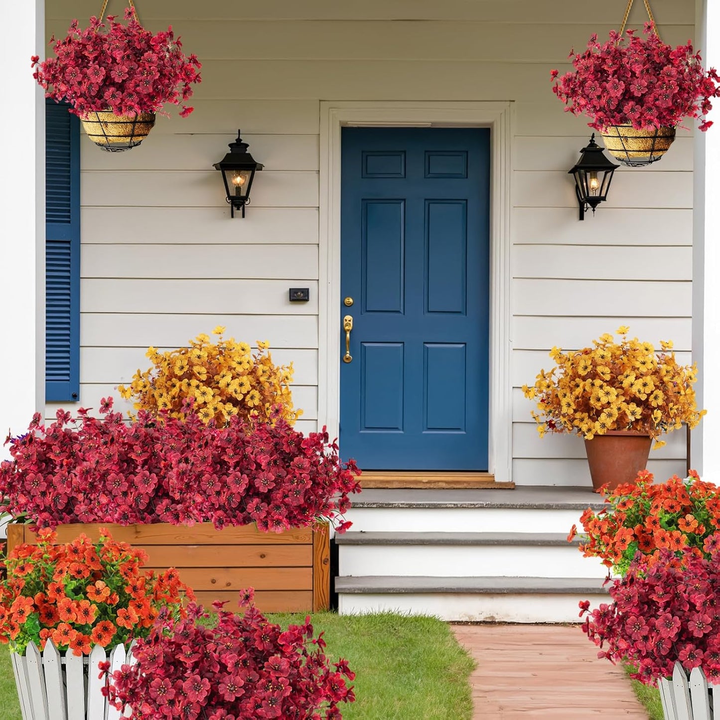 12Pcs Fake Fall Flower Outside Orange Artificial Plant UV Resistant | 14.6",Faux Monkey Grass,Artificial Greenery Stems,Faux Plastic Flowers Shrubs for Weddings Garden Porch Front Patio Decor