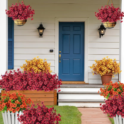 12Pcs Fake Fall Flower Outside Orange Artificial Plant UV Resistant | 14.6",Faux Monkey Grass,Artificial Greenery Stems,Faux Plastic Flowers Shrubs for Weddings Garden Porch Front Patio Decor