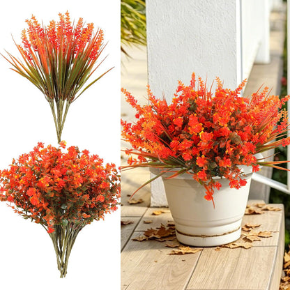12Pcs Fake Fall Flower Outside Orange Artificial Plant UV Resistant | 14.6",Faux Monkey Grass,Artificial Greenery Stems,Faux Plastic Flowers Shrubs for Weddings Garden Porch Front Patio Decor