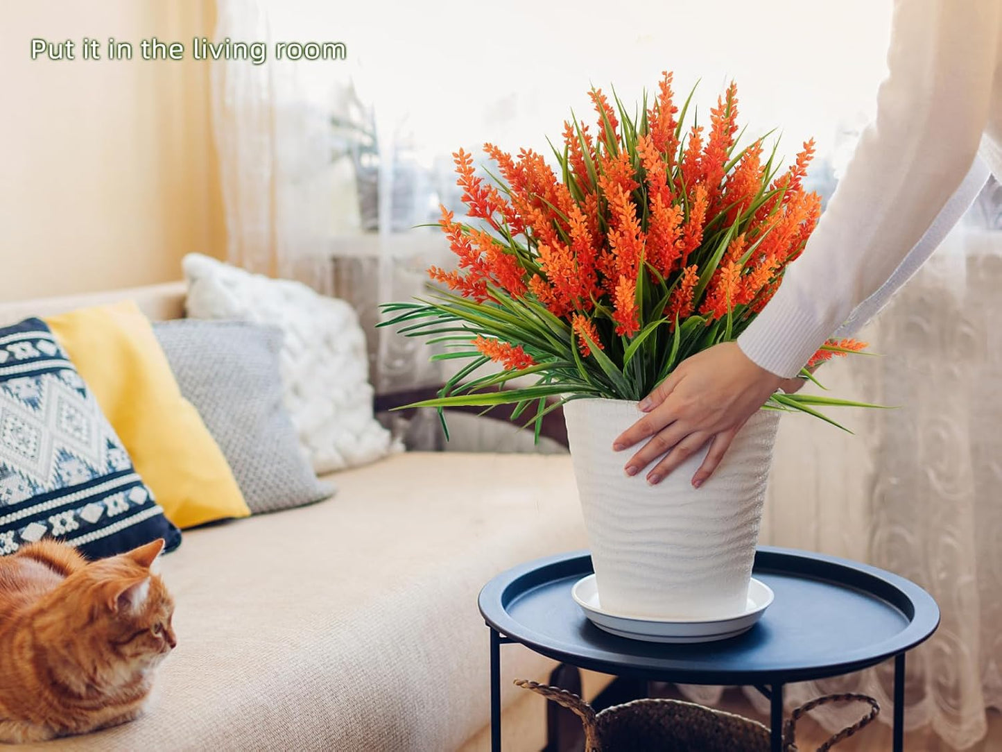 12Pcs Fake Fall Flower Outside Orange Artificial Plant UV Resistant | 14.6",Faux Monkey Grass,Artificial Greenery Stems,Faux Plastic Flowers Shrubs for Weddings Garden Porch Front Patio Decor