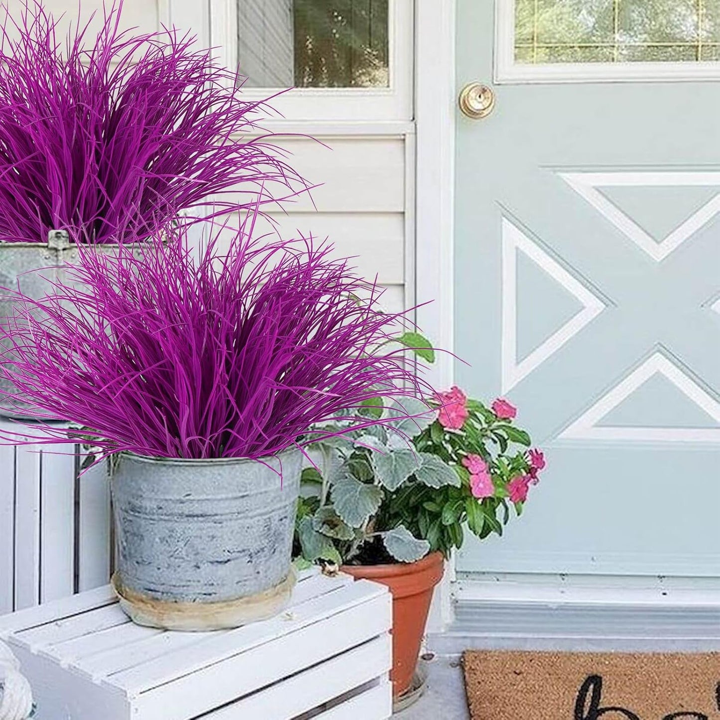 12Pcs Fake Fall Flower Outside Orange Artificial Plant UV Resistant | 14.6",Faux Monkey Grass,Artificial Greenery Stems,Faux Plastic Flowers Shrubs for Weddings Garden Porch Front Patio Decor