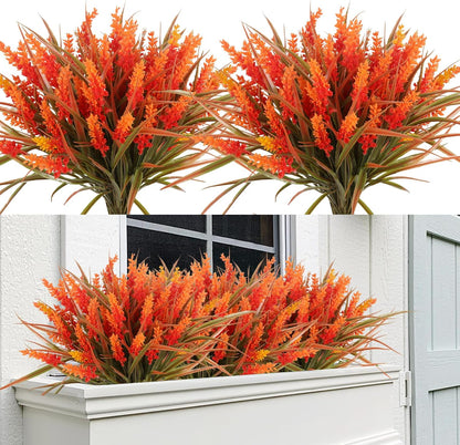 12Pcs Fake Fall Flower Outside Orange Artificial Plant UV Resistant | 14.6",Faux Monkey Grass,Artificial Greenery Stems,Faux Plastic Flowers Shrubs for Weddings Garden Porch Front Patio Decor