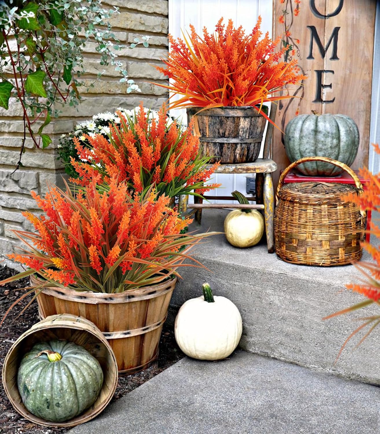 12Pcs Fake Fall Flower Outside Orange Artificial Plant UV Resistant | 14.6",Faux Monkey Grass,Artificial Greenery Stems,Faux Plastic Flowers Shrubs for Weddings Garden Porch Front Patio Decor