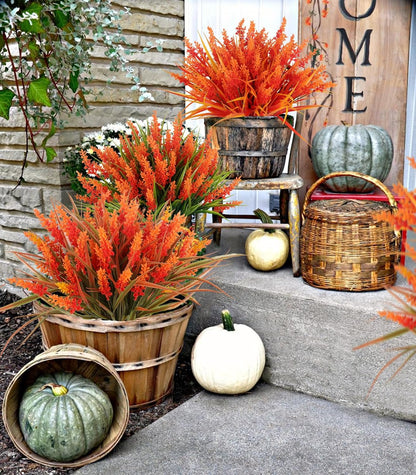 12Pcs Fake Fall Flower Outside Orange Artificial Plant UV Resistant | 14.6",Faux Monkey Grass,Artificial Greenery Stems,Faux Plastic Flowers Shrubs for Weddings Garden Porch Front Patio Decor