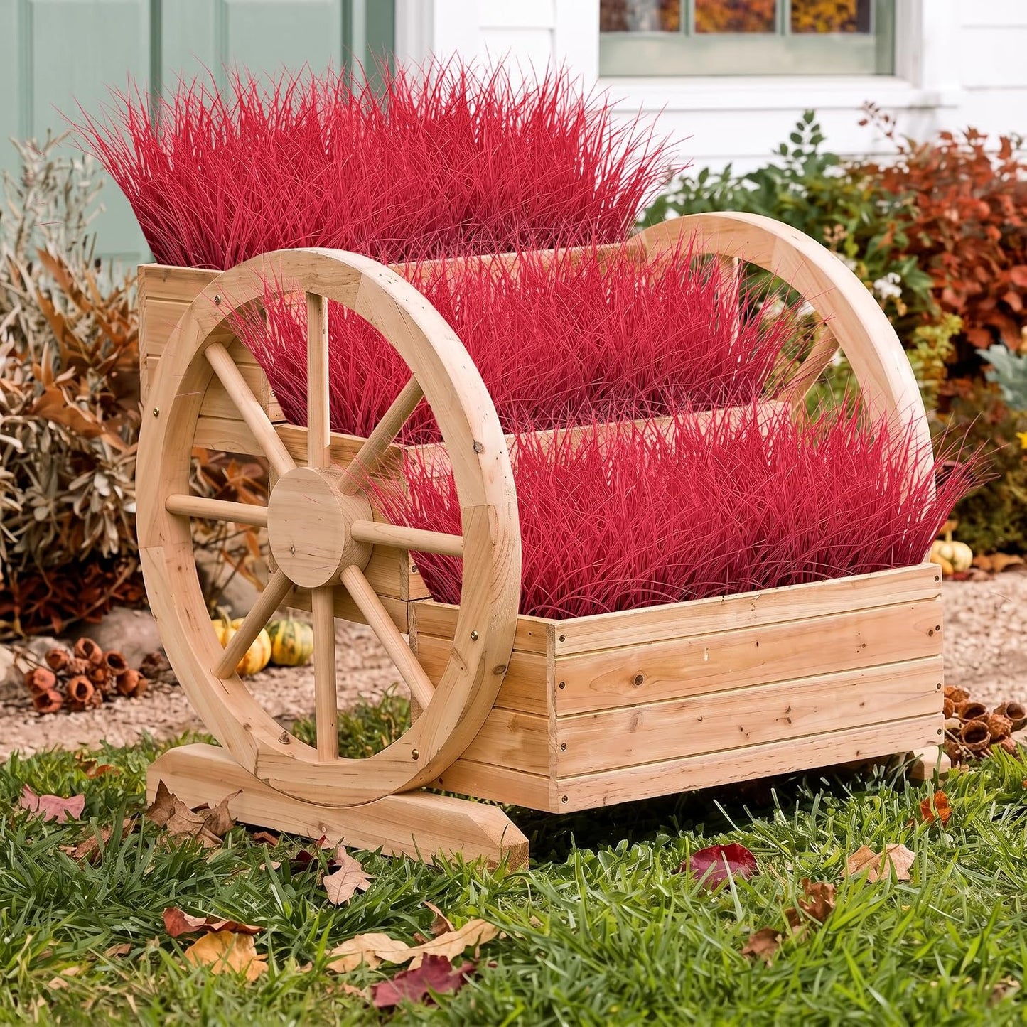 12Pcs Fake Fall Flower Outside Orange Artificial Plant UV Resistant | 14.6",Faux Monkey Grass,Artificial Greenery Stems,Faux Plastic Flowers Shrubs for Weddings Garden Porch Front Patio Decor