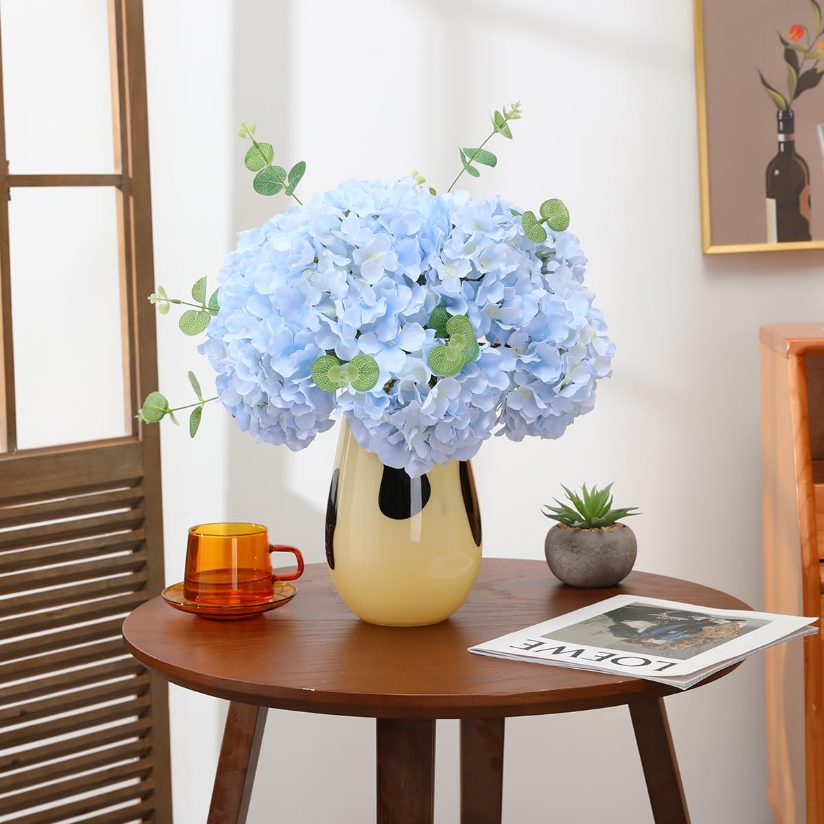 Hydrangea Artificial Flowers -12 pcs Realistic Fake Hydrangea Silk Flowers with Stems Faux Hydrangea Flowers Heads for Office Home Party Wedding Centerpiece DIY Floral Decor(Sky Blue)