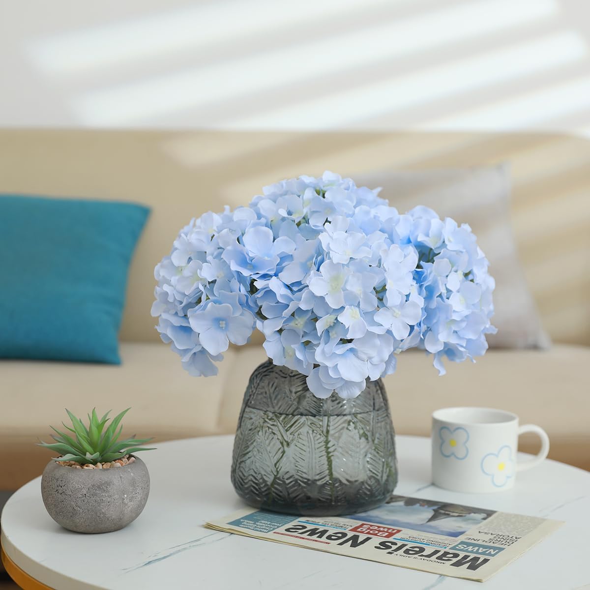 Hydrangea Artificial Flowers -12 pcs Realistic Fake Hydrangea Silk Flowers with Stems Faux Hydrangea Flowers Heads for Office Home Party Wedding Centerpiece DIY Floral Decor(Sky Blue)