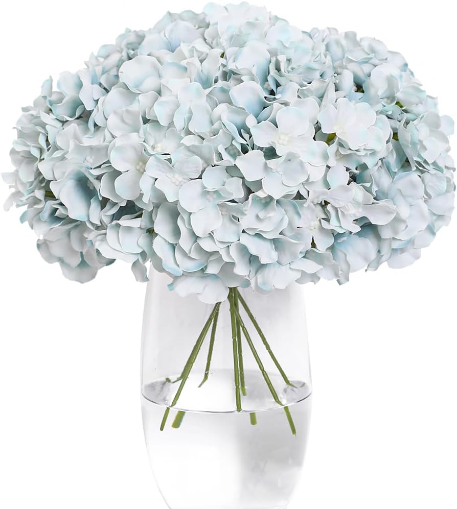 Hydrangea Artificial Flowers -12 pcs Realistic Fake Hydrangea Silk Flowers with Stems Faux Hydrangea Flowers Heads for Office Home Party Wedding Centerpiece DIY Floral Decor(Sky Blue)