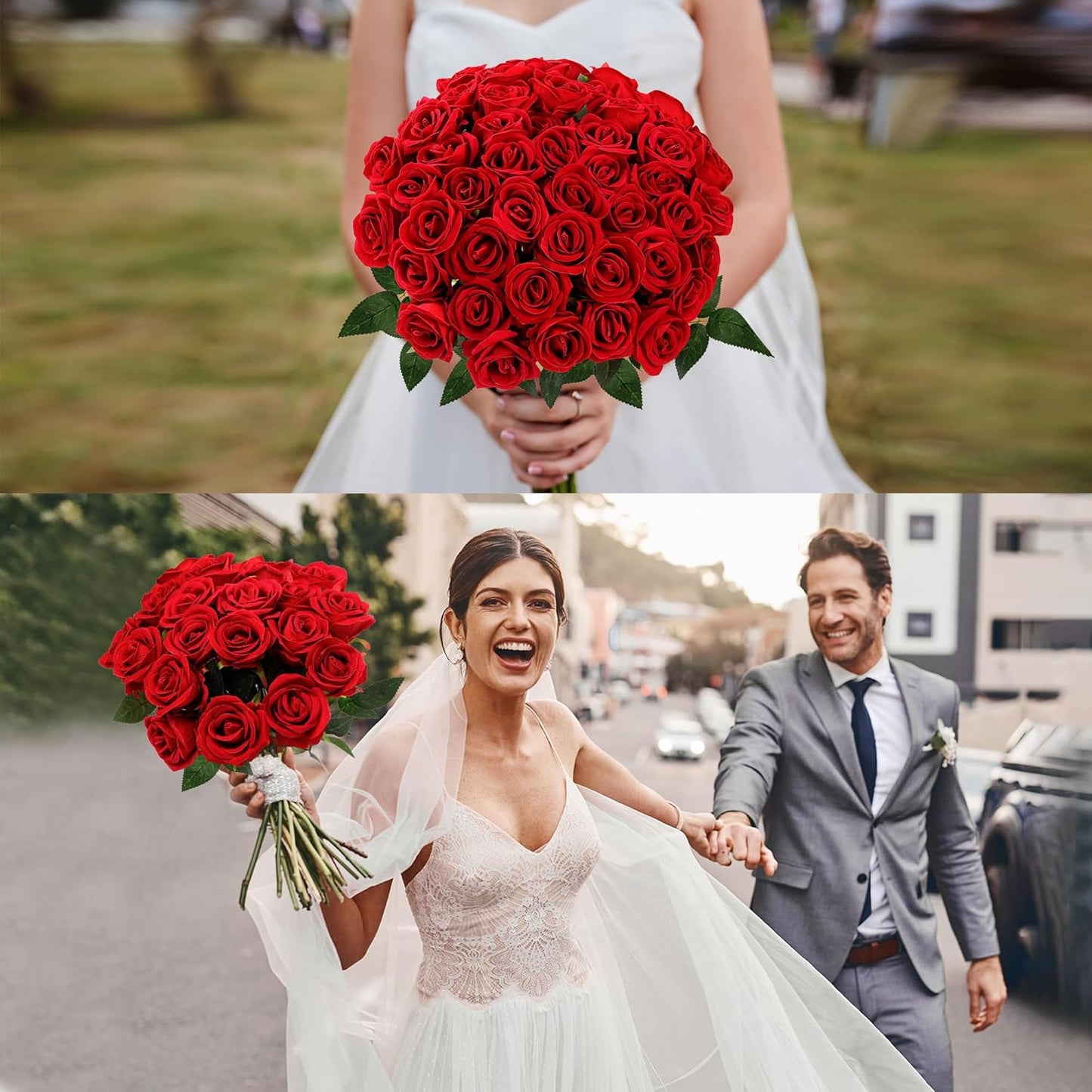 50 Pcs Artificial Roses Red Flowers Fake Velvet Silk Roses with Stems Bulk Realistic Faux Flowers for Bridal Bouquets Wedding Centerpieces Valentines Day DIY Home Party Decor (Red)