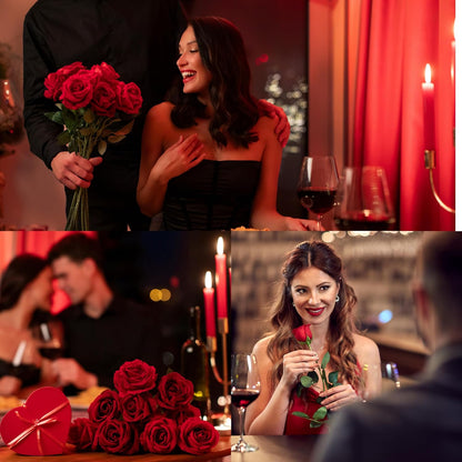 50 Pcs Artificial Roses Red Flowers Fake Velvet Silk Roses with Stems Bulk Realistic Faux Flowers for Bridal Bouquets Wedding Centerpieces Valentines Day DIY Home Party Decor (Red)