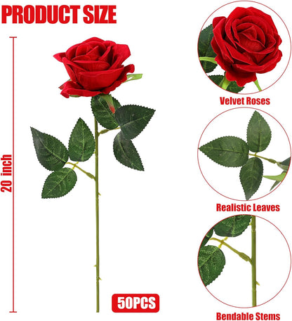 50 Pcs Artificial Roses Red Flowers Fake Velvet Silk Roses with Stems Bulk Realistic Faux Flowers for Bridal Bouquets Wedding Centerpieces Valentines Day DIY Home Party Decor (Red)