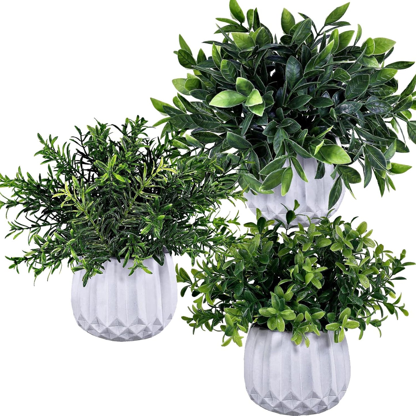 3 Pcs Faux Potted Plants Set - Artificial Eucalyptus, Rosemary, Boxwood Greenery in Small White Geometric Planters for Indoor Outdoor Desk Table Centerpiece Shelf Windowsill Home Office Decor