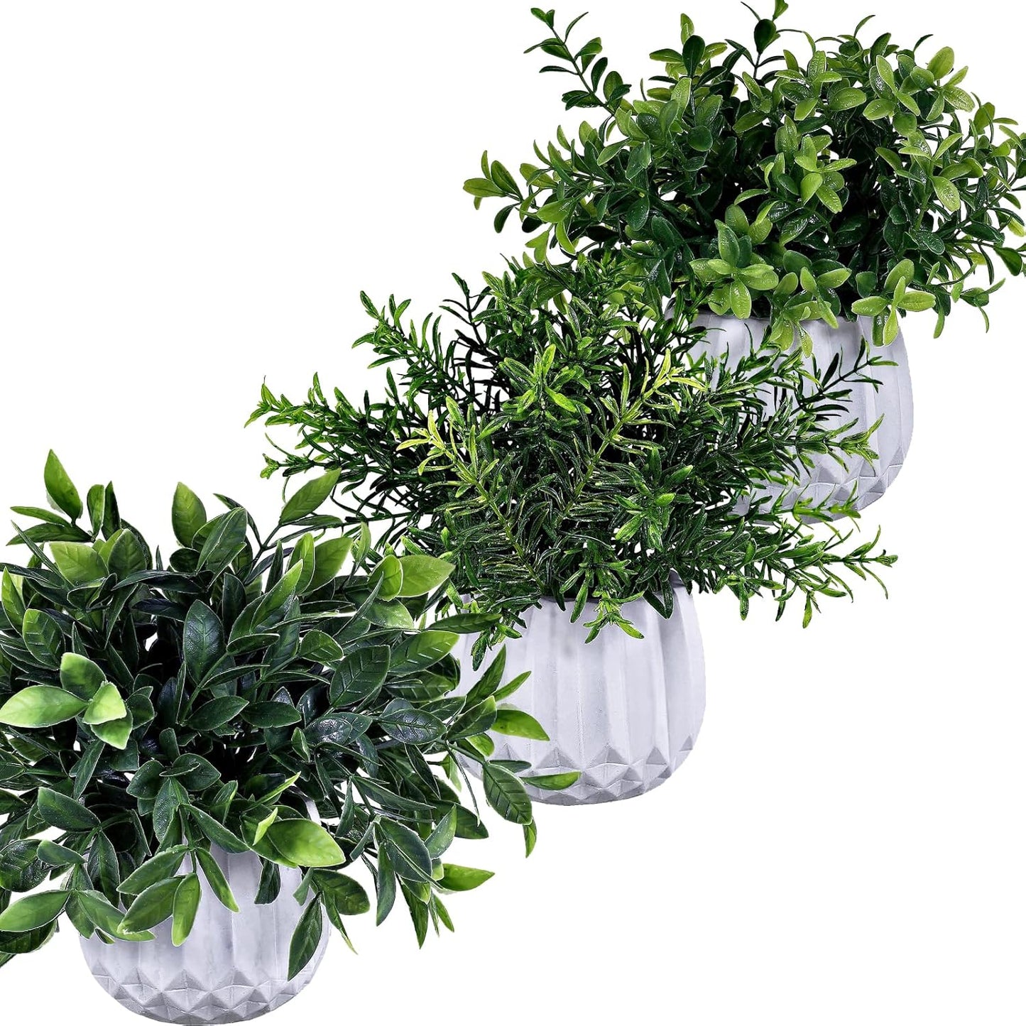 3 Pcs Faux Potted Plants Set - Artificial Eucalyptus, Rosemary, Boxwood Greenery in Small White Geometric Planters for Indoor Outdoor Desk Table Centerpiece Shelf Windowsill Home Office Decor