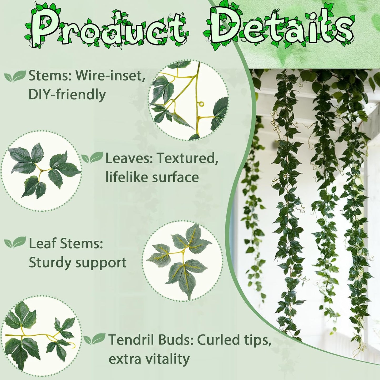 4Pack Total 24FT Green Fake Vines Ivy Leaves Vines for Bedroom Greenery Garland Fake Leaves Leaf Wall Decor Faux Hanging Vines Plants Outdoor Garland