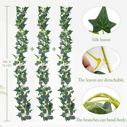 4Pack Total 24FT Green Fake Vines Ivy Leaves Vines for Bedroom Greenery Garland Fake Leaves Leaf Wall Decor Faux Hanging Vines Plants Outdoor Garland