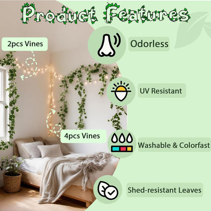 4Pack Total 24FT Green Fake Vines Ivy Leaves Vines for Bedroom Greenery Garland Fake Leaves Leaf Wall Decor Faux Hanging Vines Plants Outdoor Garland