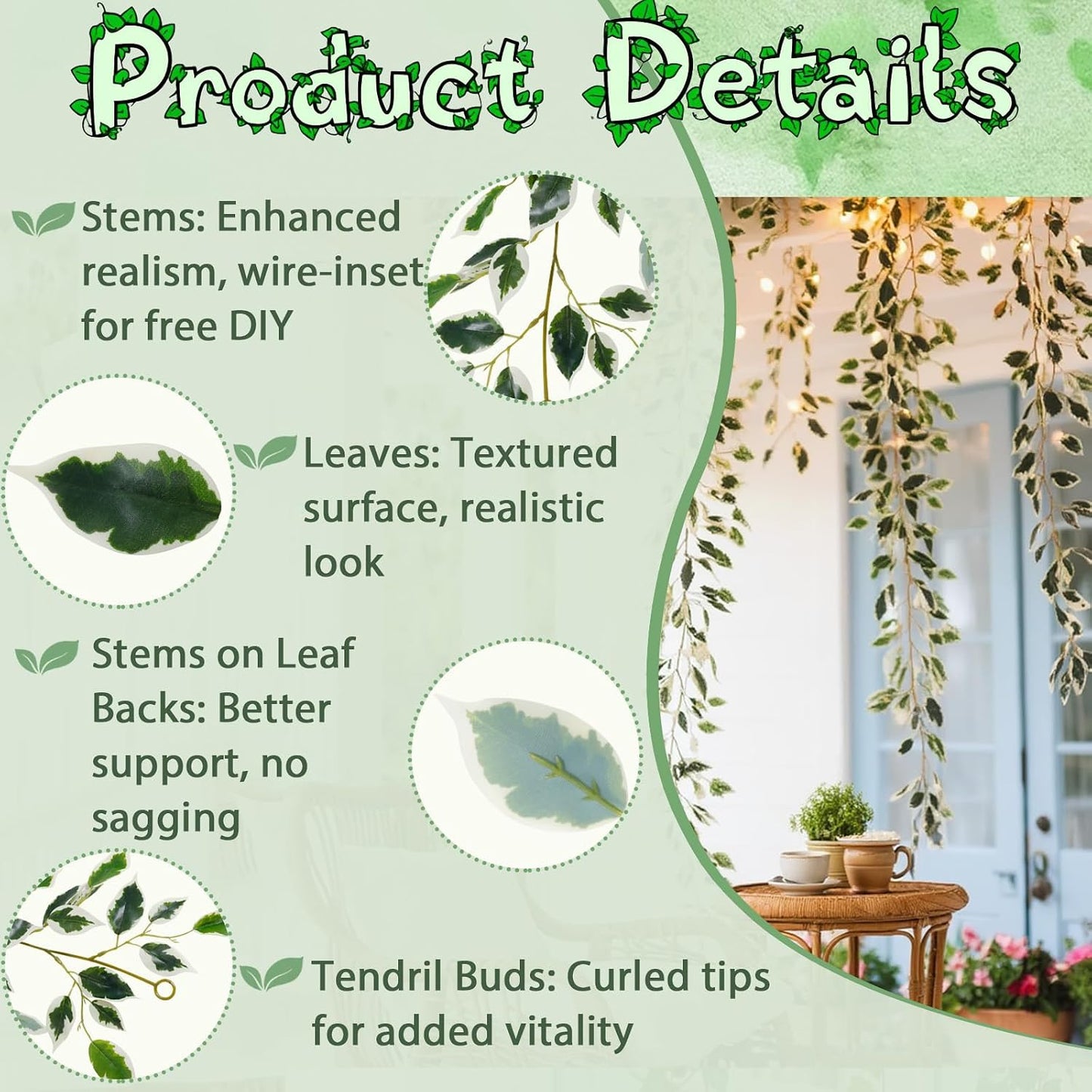 4Pack Total 24FT Green Fake Vines Ivy Leaves Vines for Bedroom Greenery Garland Fake Leaves Leaf Wall Decor Faux Hanging Vines Plants Outdoor Garland