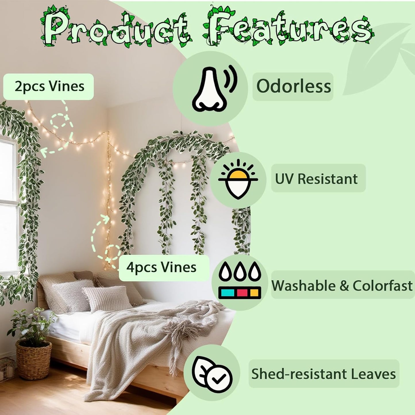 4Pack Total 24FT Green Fake Vines Ivy Leaves Vines for Bedroom Greenery Garland Fake Leaves Leaf Wall Decor Faux Hanging Vines Plants Outdoor Garland