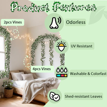 4Pack Total 24FT Green Fake Vines Ivy Leaves Vines for Bedroom Greenery Garland Fake Leaves Leaf Wall Decor Faux Hanging Vines Plants Outdoor Garland