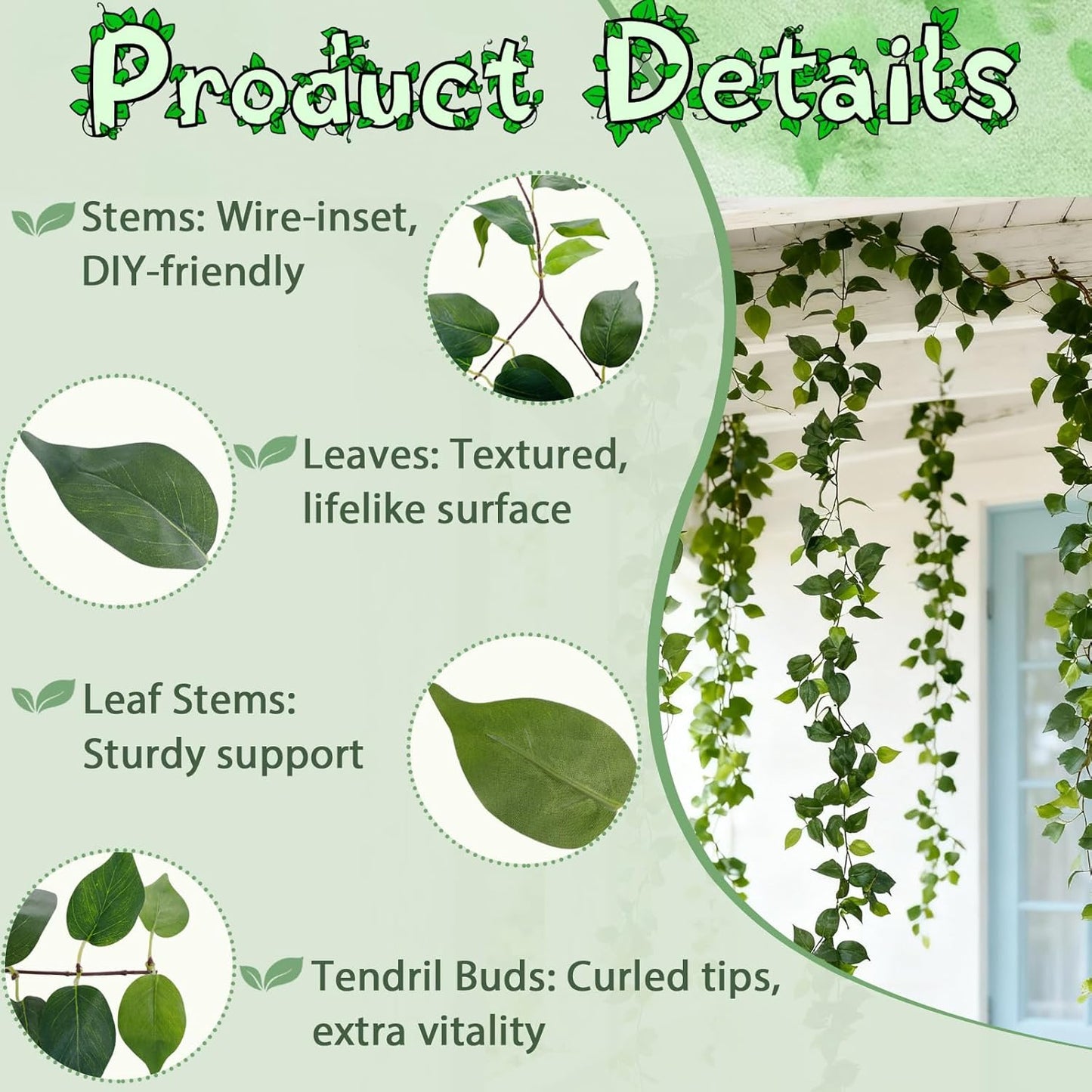 4Pack Total 24FT Green Fake Vines Ivy Leaves Vines for Bedroom Greenery Garland Fake Leaves Leaf Wall Decor Faux Hanging Vines Plants Outdoor Garland