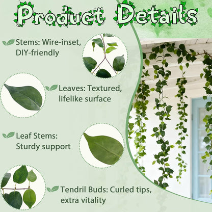 4Pack Total 24FT Green Fake Vines Ivy Leaves Vines for Bedroom Greenery Garland Fake Leaves Leaf Wall Decor Faux Hanging Vines Plants Outdoor Garland