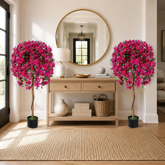 2 Pack 51" Artificial Bougainvillea Tree with Pink Flowers & Wood Trunk