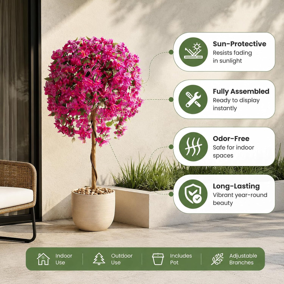 2 Pack 51" Artificial Bougainvillea Tree with Pink Flowers & Wood Trunk