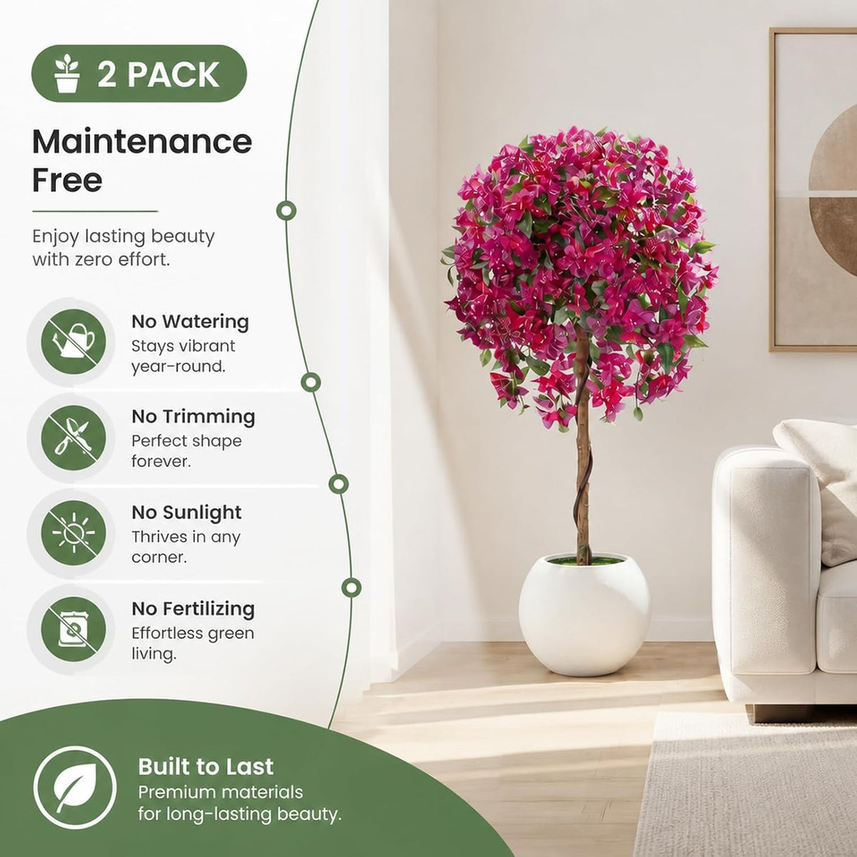 2 Pack 51" Artificial Bougainvillea Tree with Pink Flowers & Wood Trunk