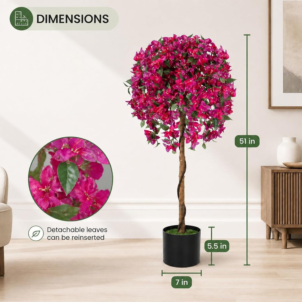 2 Pack 51" Artificial Bougainvillea Tree with Pink Flowers & Wood Trunk