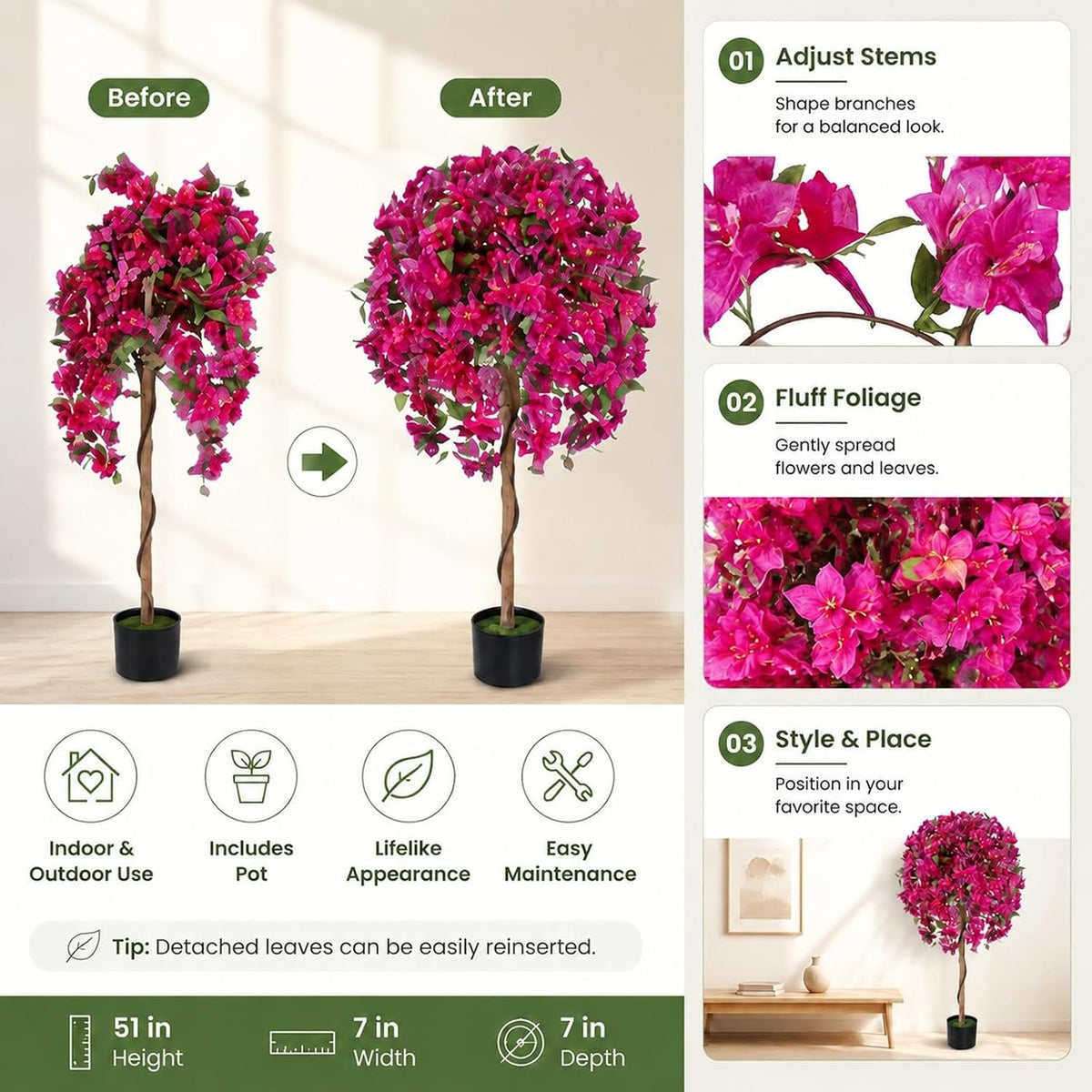2 Pack 51" Artificial Bougainvillea Tree with Pink Flowers & Wood Trunk