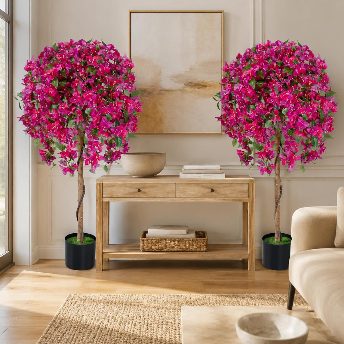 2 Pack 51" Artificial Bougainvillea Tree with Pink Flowers & Wood Trunk
