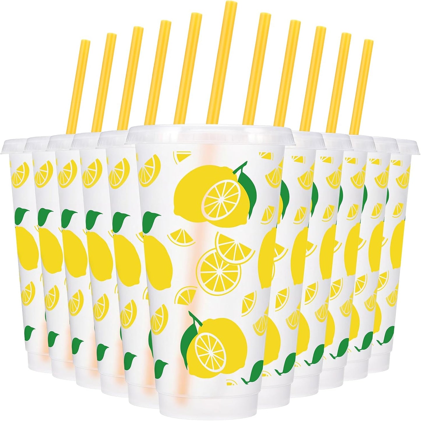 12 Pcs Lemon Plastic Cups for Summer Hawaii Party Supplies 24 oz Reusable Clear Glitter Fruit Cup with Lids and Straws Fresh Drinking Juice Cup for Lemon Party Supplies Decor Wedding Holiday