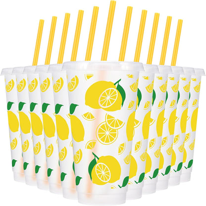 12 Pcs Lemon Plastic Cups for Summer Hawaii Party Supplies 24 oz Reusable Clear Glitter Fruit Cup with Lids and Straws Fresh Drinking Juice Cup for Lemon Party Supplies Decor Wedding Holiday