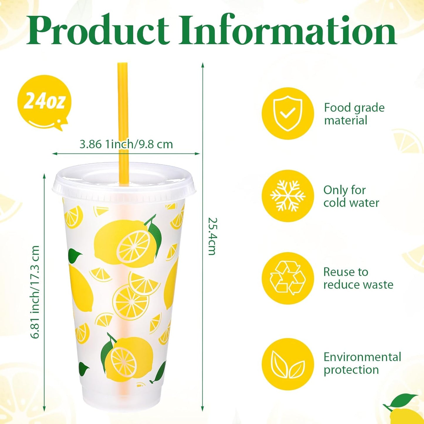 12 Pcs Lemon Plastic Cups for Summer Hawaii Party Supplies 24 oz Reusable Clear Glitter Fruit Cup with Lids and Straws Fresh Drinking Juice Cup for Lemon Party Supplies Decor Wedding Holiday