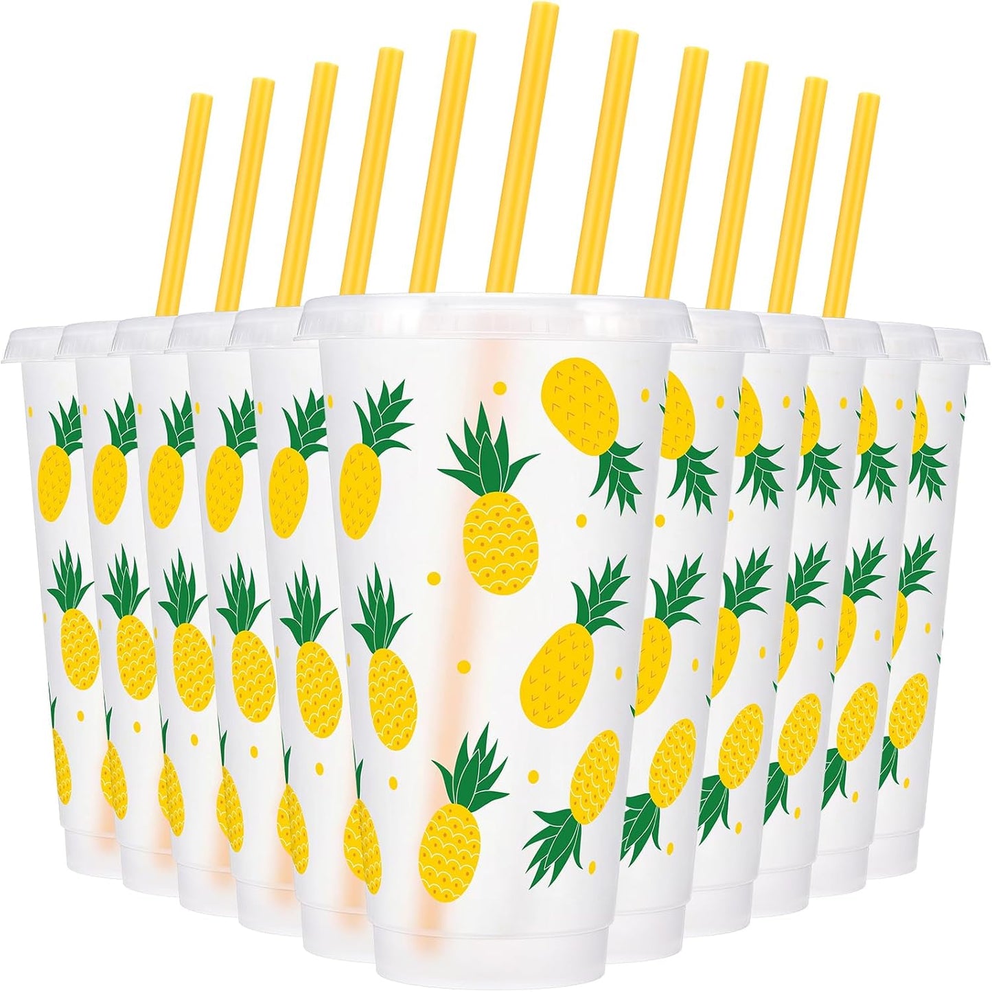12 Pcs Lemon Plastic Cups for Summer Hawaii Party Supplies 24 oz Reusable Clear Glitter Fruit Cup with Lids and Straws Fresh Drinking Juice Cup for Lemon Party Supplies Decor Wedding Holiday