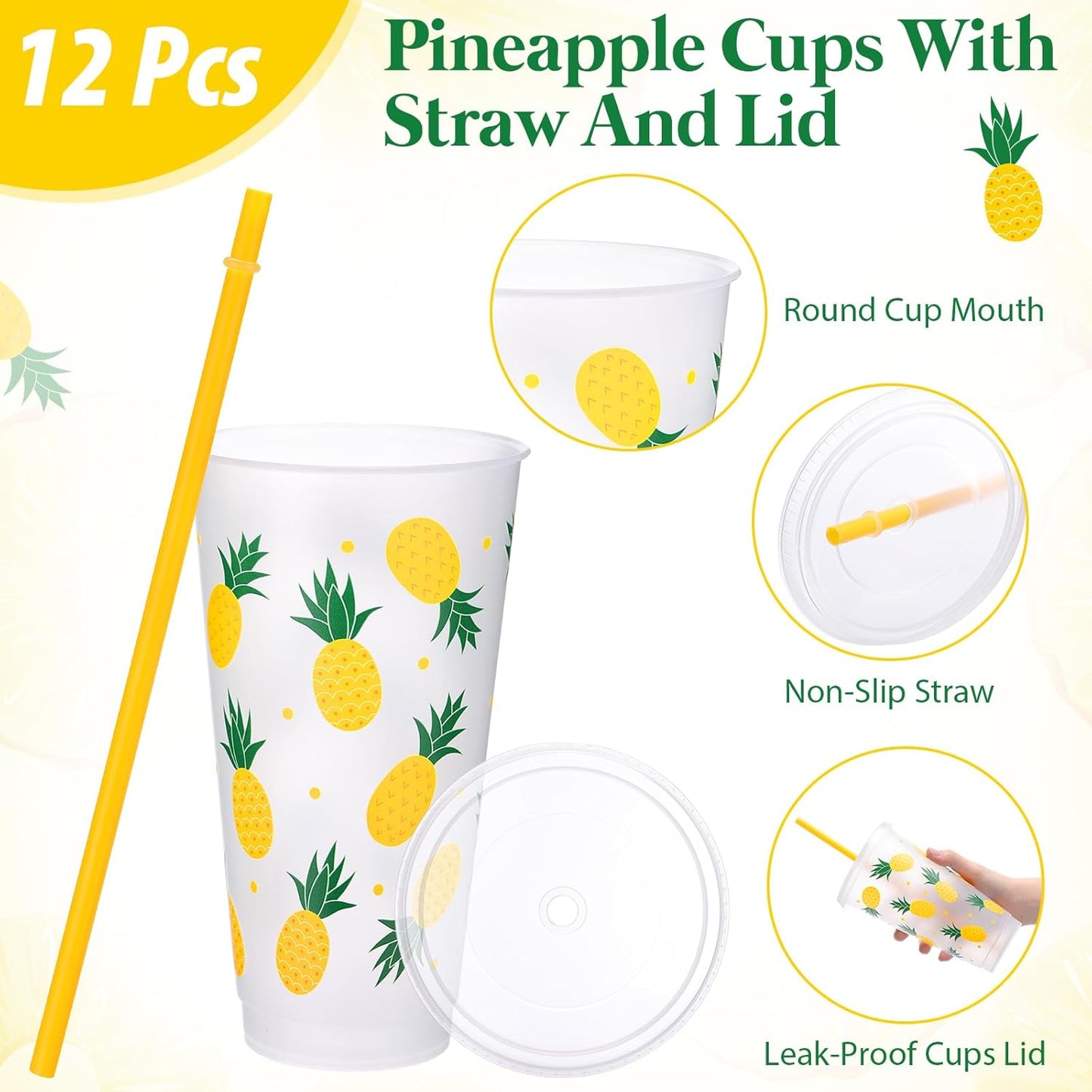 12 Pcs Lemon Plastic Cups for Summer Hawaii Party Supplies 24 oz Reusable Clear Glitter Fruit Cup with Lids and Straws Fresh Drinking Juice Cup for Lemon Party Supplies Decor Wedding Holiday